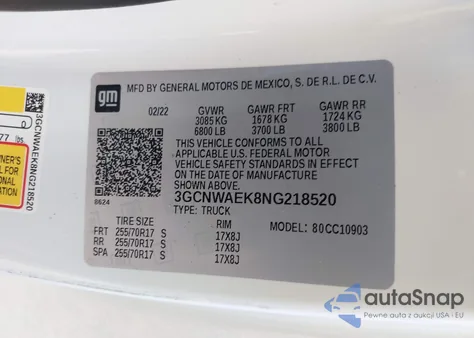 2022 Chevrolet Silverado 1500 Ltd 2Wd Long Bed Wt из США, поврежденный, VIN 3GCNWAEK8NG218520